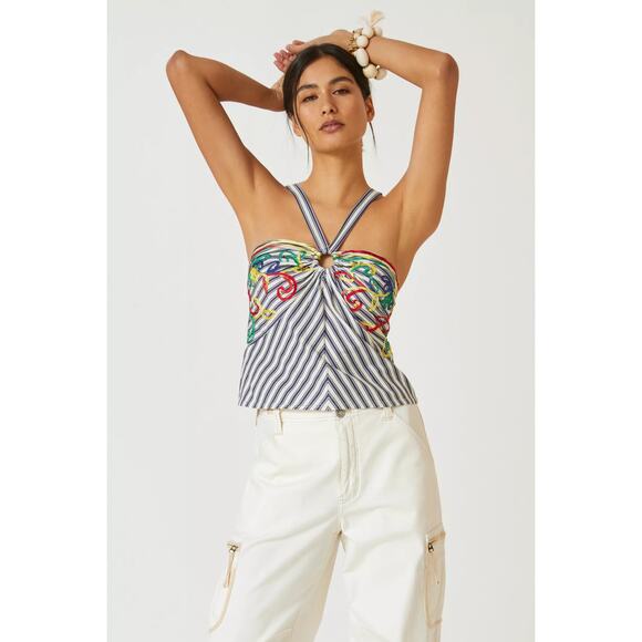 New Anthropologie Avril Emroidered Striped Halter Top $110  MEDIUM  Blue - Picture 4 of 6